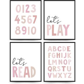 PLKMN Let's Play Read Wall Art Prints Decor Set of 4 - Play Room Essentials, Boho Neutral Let's Learn Let's Create