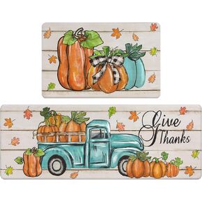Pauwer Pumpkin Kitchen Rugs Set of 2, Farmhouse Buffalo Plaid Fall Kitchen Floor Mat, Non Slip Anti Fatigue Kitchen Mats for Floor, Cushioned Kitchen Runner Rug Set Fall Autumn Thanksgiving Decor