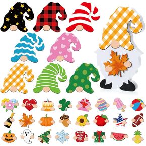 Qunclay Interchangeable Fall Wooden Gnome Decor Holiday Seasonal Tiered Tray Decoration with 24 Magnet Pieces and 8 Detachable Hats Gnome Changeable Welcome Sign for Home