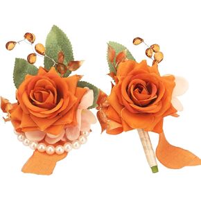 Weslymoo Burnt Orange Rose Wrist Corsage and Boutonniere Set Artificial Prom Flower Corsage Wristlet Band Bracelet and Boutonniere for Men Wedding Accessories Prom Stuff Decorations
