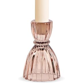 Torre & Tagus Olivia Glass Candle Holder for 7/8" Candlesticks, Rose Gold Taper Candle Holder with Fluted Hourglass Shape, Ribbed Tapered Candlestick Holder for Table Centerpiece Decor (Champagne)