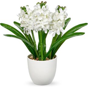 White Flowers Artificial Hyacinthus Silk Fake Flowers Arrangement 8.7" Realistic Faux Flowers with Vase Pot Artificial Flowers for Home Kitchen Bathroom Office Table Centerpiece Wedding Decoration