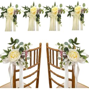6PCS Wedding Aisle Chair Decorations Pew Flowers, Rose Floral Wedding Chair Back Flowers with Leaves and Ribbons, Church Chair Bench Pew Flowers for Wedding Ceremony Decor