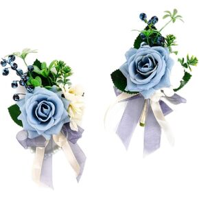 SouthGate المعصم الصدار وBoutonniere مجموعة لحفل الزفاف، حفلة موسيقية زهرة اصطناعية المعصم الصدار أساور للعودة للوطن، العروة للرجال اكسسوارات زهور الزفاف، الفتيات سوار الصدار، الأزرق in Kuwait