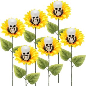 6 Pcs Halloween Artificial Sunflower Skull Flowers 23.6 Inch Skeleton Sunflower Stake Decorative Flower Plants Garden Decoration for Halloween Outdoor Indoor Home Garden Pathway Yard Decor in Kuwait