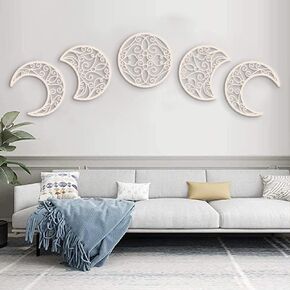 Moon Wall Decoration, Moon Phase Wall Art Decoration Hanging (5 Pieces) Nordic Wood Moon Appearance Natural Design Moon Interior, Boho Bedroom Decor Home Wall Decor (Black)