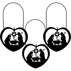 Needzo Christmas Heart Shaped Metal Silhouette Nativity Scene Ornament, 5 1/4 Inch, Pack of 3