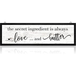 The Secret Ingredient Is Always Love and Butter Sign Funny Wood Kitchen Wall Sign Funny Farmhouse Kitchen Wall Decoration Rustic Kitchen Wall Decor, 15.7 x 4.7 Inch (Black Words on White Background)