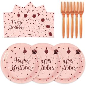 75PCS Happy Birthday Paper Plates - 7 Inch White Gold Dot Paper Plates and 6.5 Inch Napkins with 6.3 Inch Forks Disposable Tableware Set for Birthday Party Decorations, Serves 25