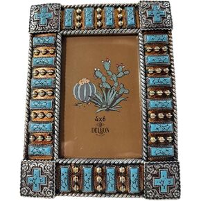 De Leon Collections 14250 Star Vintage Ornate Turquoise and Silver Tone 8.75 Inch Polyresin and Glass Western Southwest Decorative Home Décor Picture Photo Frame Holds a 4 x 6 Inch Photo