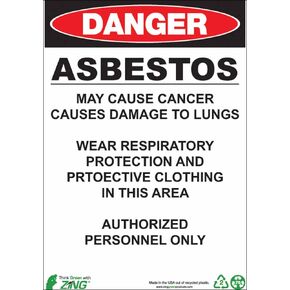 Zing Green Products 2677S Recycled Polystyrene "Danger, Asbestos" GHS Safety Sign, 14" Length, 10" Width