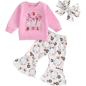 Kid Girl Fall Halloween Clothes Hey Pumpkin Letter Print Long Sleeve Tops Pumpkin Pattern Flare Pants 2Pcs Outfit
