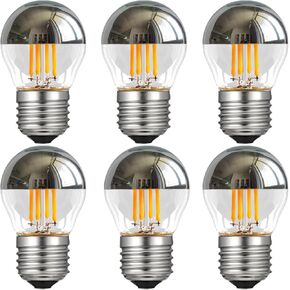 Half Chrome Light Bulb 4W Dimmable G45 Silver Mirror Reflected Light 40W Equivalent Warm White 2700K Silver Tipped Mirror Light Bulb E26 Base Decorative LED Edison Bulb, 6 Pack