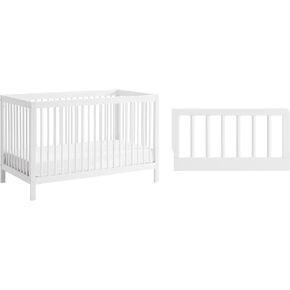 Oxford Baby 2 PC Nursery Set Essentials Island Full Size 4-in-1 Convertible Baby Crib with Round Spindles, White Essentials Toddler Guard Rail, White