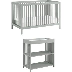 Oxford Baby 2 PC Nursery Set Essentials Island Full Size 4-in-1 Convertible Baby Crib with Round Spindles, White Essentials Toddler Guard Rail, White