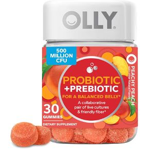 OLLY Probiotic + Prebiotic Gummy, Digestive Support and Gut Health, 500 Million CFUs, Fiber, Adult Chewable Supplement for Men and Women, Peach, 30 Day Supply - 60 Count