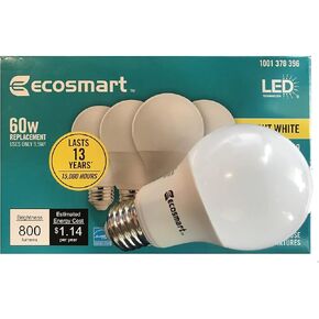 LED TECHNOLOGY EcoSmart 60-Watt Equivalent A19 Dimmable Energy Star LED Light Bulb Bright White (4-Pack)