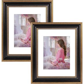 Space Art Deco, 11x14 Picture Frame with White Mat for 8x10 Photo or Display 11x14 Poster/Print Without Mat, Shatter Resistant Glass Wall Mounting (Ornate Gold/Black, 2 Pack)