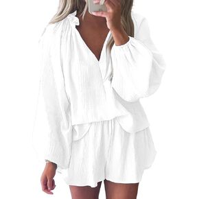 Bonnorth Womens Lantern Long Sleeve 2 Piece Outfits Sets V Neck Casual Textured Top and Shorts Loungewear with Pockets