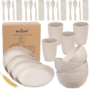 Wheat Straw Dinnerware Sets, 28PCS Plastic Plates and Bowls Sets College Dorm Room Essentials Dishes Set with Cutlery Set Microwave Safe (Colorful)