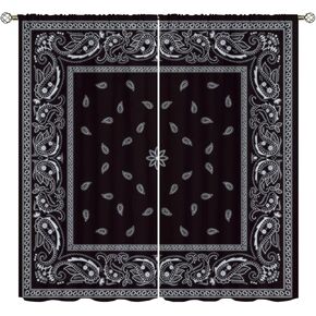 Bandana Blackout Curtains for Home Decor,White Floral Paisley Black Bandana Pattern Abstract Rod Pocket Thermal Insulated Drapes Darkening Window Curtain for Girls Boy Bedroom Living Room 84 x 84 Inch