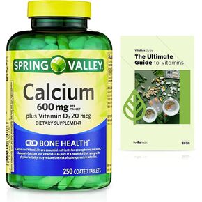 Spring Valley Calcium Plus Vitamin D Tablets Dietary Supplement, Bone Health, Vitamin D3 20 mcg, 600 mg, 250 Count + Exclusive VitaMax Vitamin Guide (2 Items)