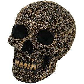 Pacific Giftware Black Carved Skull with Gold Flower Arrangement Outlines Resin Figurine Home Decor Statue
