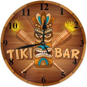 Moslion Tribal Clock Word Tiki Bar Wooden Bamboo Torch Circle Round Wall Clock Slient Non Ticking Rustic Home Decor 10 Inch for Kitchen Bathroom Office Brown White