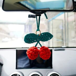 Hand Knitted Cherry Pendant Hanging Ornament for Car Rear View Mirror Accessories Gift