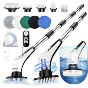Electric Spin Scrubber, IPX8 Waterproof Cordless Cleaning Brush Scrubber with Power LCD Display, 10-in-1 Brush Heads- 4-Section Handle Electric Cleaning Brush for Bathroom, Tub, Floor, Car