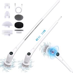 Electric Spin Scrubber, Cordless Cleaning Brush Shower Scrubber with Long Handle Adjustable, Power Spin Brush for Cleaning with 6 Replaceable Brush Heads for Floor Bathroom Tub Tile, IPX7 Waterproof