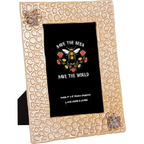 Bee Picture Frame – Gold 4x6 Bumble Bee Decor, Honeycomb Metal Frame for Tabletop & Wall Display, Perfect Bee Lover Gift
