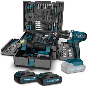 Tool Kit with 21V Cordless Drill - Sundpey 255-PCs Portable Complete General Basic Home and Auto Repair Tool Set with Drawer for Handyman & Diyer & Homeowner - Power Drill with 2 x 2.0Ah Batteries