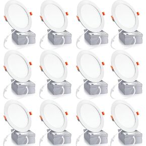 12 Pack 6 Inch Ultra-Thin LED Recessed Ceiling Light with Junction Box,6500K Clear White,12W110W Eqv,Canless Wafer Slim Panel Downlight,1050LM High Brightness (6500K-12PACK, 6 Inch)