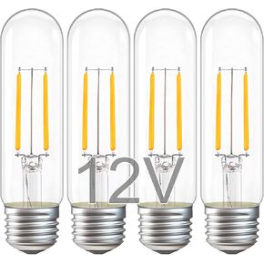 12V T10 Edison LED Light Bulbs - Soft Warm 2700K 2W (Only for 12 Volt DC/AC)- 25W Equivalent Low Voltage E26 Standard Base T30 LED Tube Bulb for RV, Posts - 4 Pack