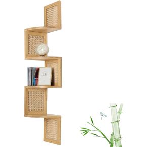 FamilleElement Bamboo 4-Tier Corner Shelf Natural Rattan Floating Corner Shelves Wall Mount Shelves for Living Rooms, Bedroom, Office(Light Brown)