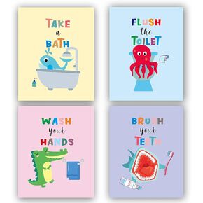 Funny Bathroom Wall Art ，Kids Bathroom Art Set, Bathroom Wall Prints, Wash Your Hands, Brush Your Teeth, Kids Bathroom Decor, Children's Bathroom Wall Art Decor, Set of 4 (8"X 10"), No Frame