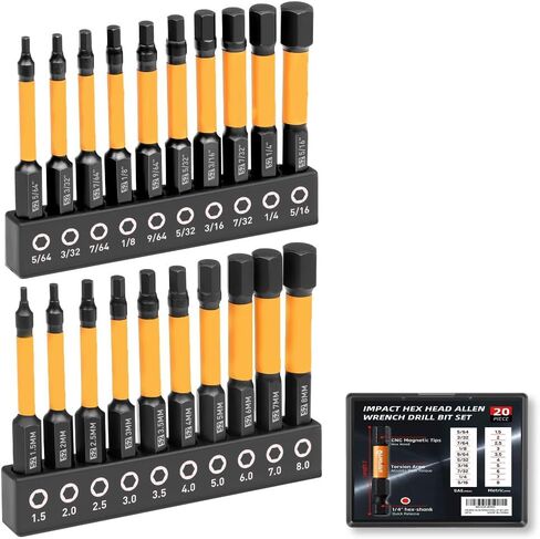 Impact Hex Head Allen Wrench Drill Bit Set 20pcs (Metric&SAE), 1/4" Hex-Shank S2 Steel Hex Bits Set, CNC Machined Tips with Magnetism, 2'' Long with Storage Box in Saudi Arabia