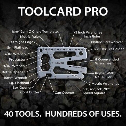 Lever Gear Toolcard Pro - أداة متعددة لبطاقات الائتمان 40 في 1. بطاقة أداة محفظة بطاقات البقاء رفيعة وبسيطة. أداة جيب للبطاقات متعددة الأدوات معتمدة من إدارة أمن المواصلات الأمريكية. (فضة) in Kuwait