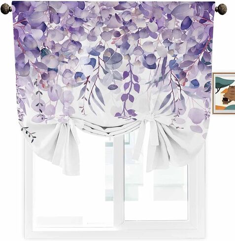 Purple Eucalyptus Linen Tie Up Curtain Shade for Windows,Adjustable Light Filtering Balloon Rod Pocket Elegant Leaves Panel,Bedroom Kitchen Basement Living Room Bathroom White Curtain Drapery 46"x63" in Saudi Arabia