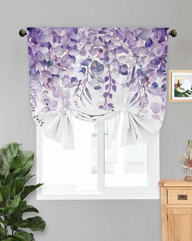 Purple Eucalyptus Linen Tie Up Curtain Shade for Windows,Adjustable Light Filtering Balloon Rod Pocket Elegant Leaves Panel,Bedroom Kitchen Basement Living Room Bathroom White Curtain Drapery 46"x63" in Saudi Arabia