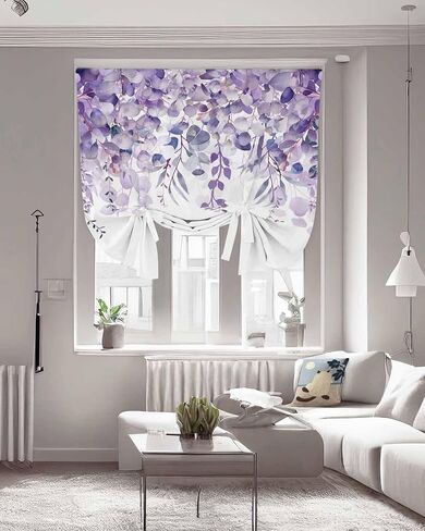 Purple Eucalyptus Linen Tie Up Curtain Shade for Windows,Adjustable Light Filtering Balloon Rod Pocket Elegant Leaves Panel,Bedroom Kitchen Basement Living Room Bathroom White Curtain Drapery 46"x63" in Saudi Arabia