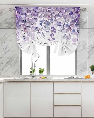 Purple Eucalyptus Linen Tie Up Curtain Shade for Windows,Adjustable Light Filtering Balloon Rod Pocket Elegant Leaves Panel,Bedroom Kitchen Basement Living Room Bathroom White Curtain Drapery 46"x63" in Saudi Arabia