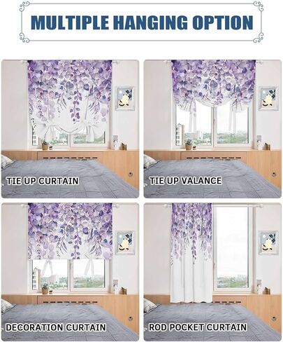Purple Eucalyptus Linen Tie Up Curtain Shade for Windows,Adjustable Light Filtering Balloon Rod Pocket Elegant Leaves Panel,Bedroom Kitchen Basement Living Room Bathroom White Curtain Drapery 46"x63" in Saudi Arabia