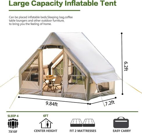 Inflatable Camping Tent with Canopy, Cabin Tent, 4-6 Person Glamping Tents Sun Shelter, Easy Setup Waterproof Outdoor Oxford Tents, Self-Supporting Structure Inflatable House Tent with Picnic Blanket in Kuwait