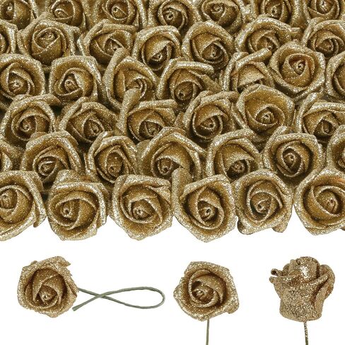 Foam Gold Roses 50 Pack 1.77" Gold Glitter Roses Artificial Flowers Bulk Gold Flowers Mini Rose Head Flowers with Stem Small Fake Roses for DIY Crafts Decorations Wedding Home Decor (Gold) in Saudi Arabia