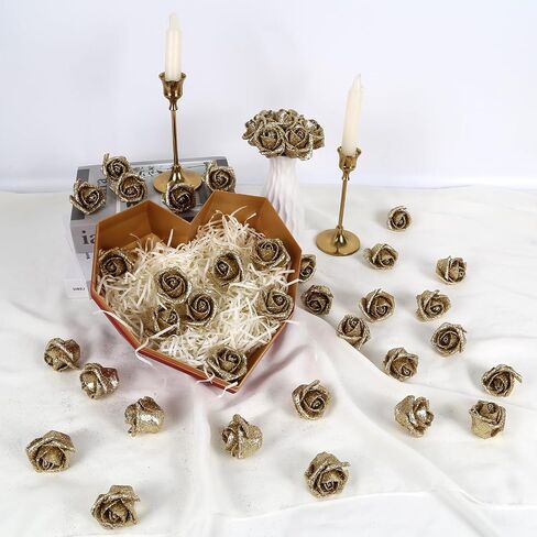 Foam Gold Roses 50 Pack 1.77" Gold Glitter Roses Artificial Flowers Bulk Gold Flowers Mini Rose Head Flowers with Stem Small Fake Roses for DIY Crafts Decorations Wedding Home Decor (Gold) in Saudi Arabia
