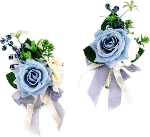 SouthGate المعصم الصدار وBoutonniere مجموعة لحفل الزفاف، حفلة موسيقية زهرة اصطناعية المعصم الصدار أساور للعودة للوطن، العروة للرجال اكسسوارات زهور الزفاف، الفتيات سوار الصدار، الأزرق in Kuwait