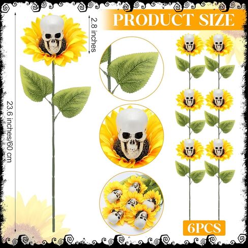 6 Pcs Halloween Artificial Sunflower Skull Flowers 23.6 Inch Skeleton Sunflower Stake Decorative Flower Plants Garden Decoration for Halloween Outdoor Indoor Home Garden Pathway Yard Decor in Kuwait