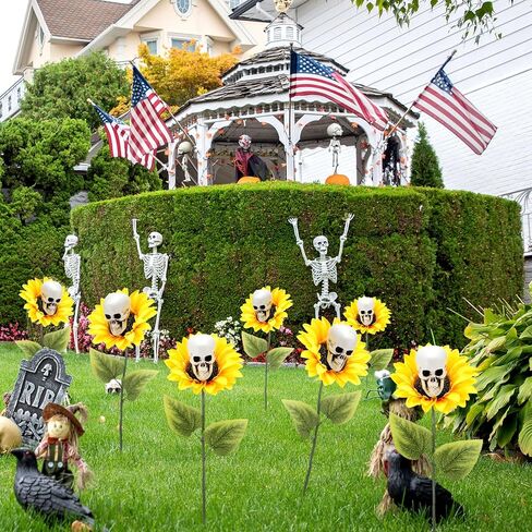 6 Pcs Halloween Artificial Sunflower Skull Flowers 23.6 Inch Skeleton Sunflower Stake Decorative Flower Plants Garden Decoration for Halloween Outdoor Indoor Home Garden Pathway Yard Decor in Kuwait